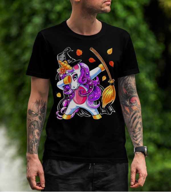 Dabbing Unicorn Halloween Witch With Magical Broom And Autumn Leaves T-Shirt