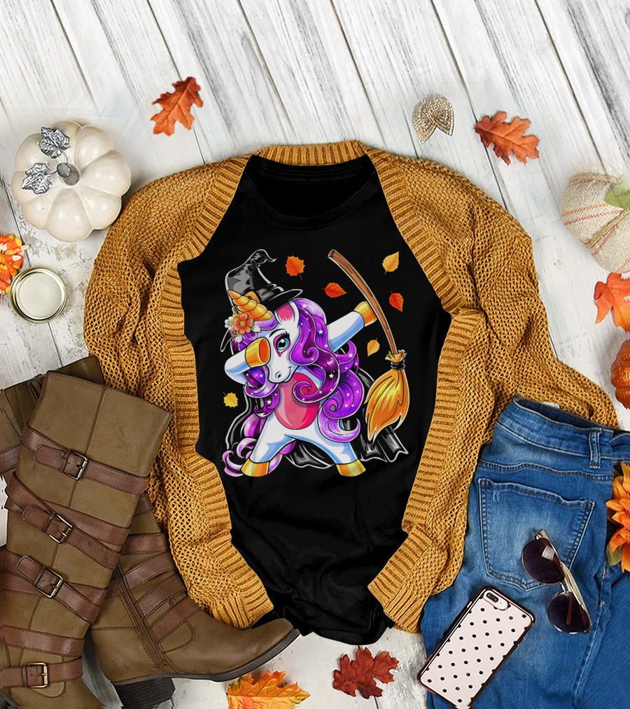 Dabbing Unicorn Halloween Witch with Magical Broom and Autumn Leaves T-Shirt