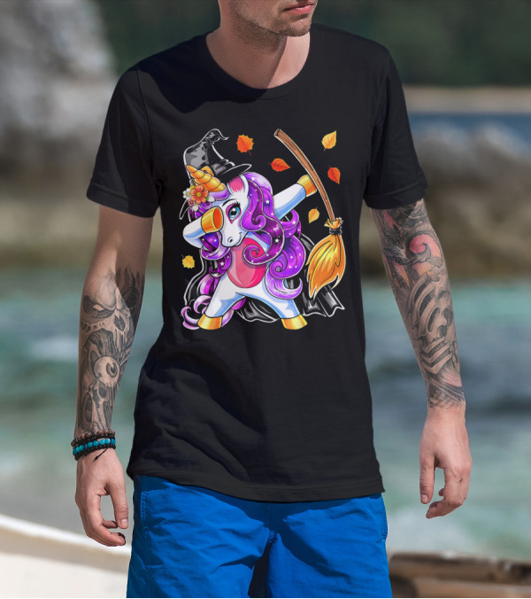 Dabbing Unicorn Halloween Witch With Magical Broom And Autumn Leaves T-Shirt