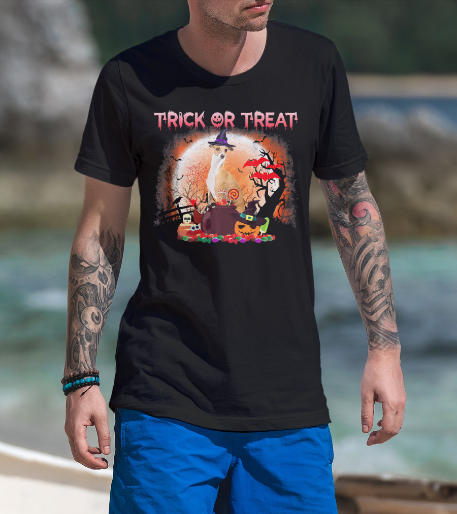 Trick Or Treat Italian Greyhound Halloween Magic Moonlit Scene T-Shirt