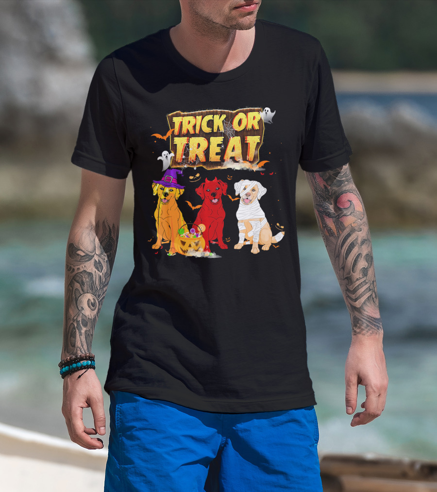 Trick Or Treat Three Labrador Retrievers Halloween Pumpkin Candy Ghosts T-Shirt