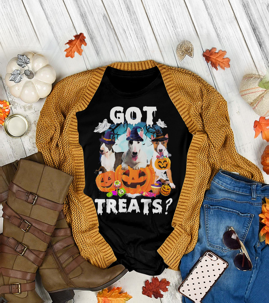 Got Treats Bull Terrier Halloween Ghosts Pumpkins T-Shirt