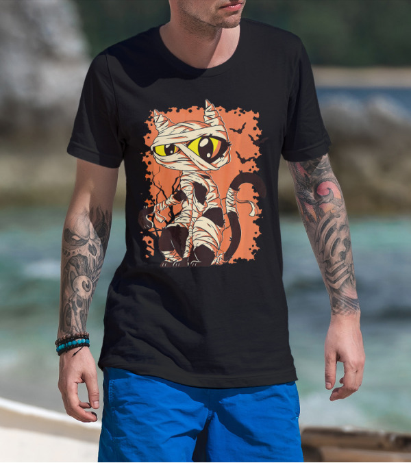 Mummy Cat With Yellow Eyes And Halloween Bats T-Shirt