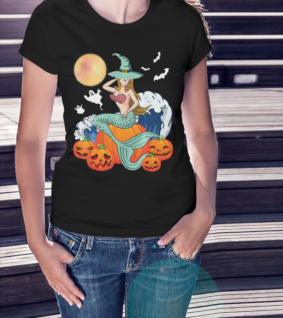 Scary Moon Pumpkin Ghosts Mermaid Witch With Jack-O'-Lanterns And Bats T-Shirt