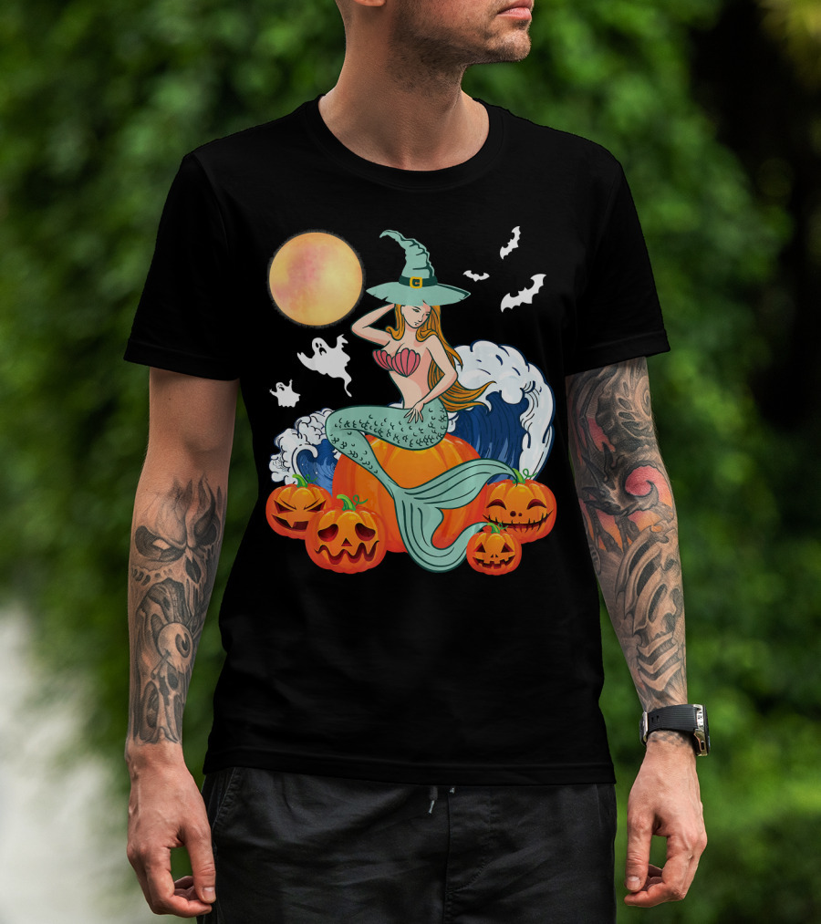 Scary Moon Pumpkin Ghosts Mermaid Witch With Jack-O'-Lanterns And Bats T-Shirt