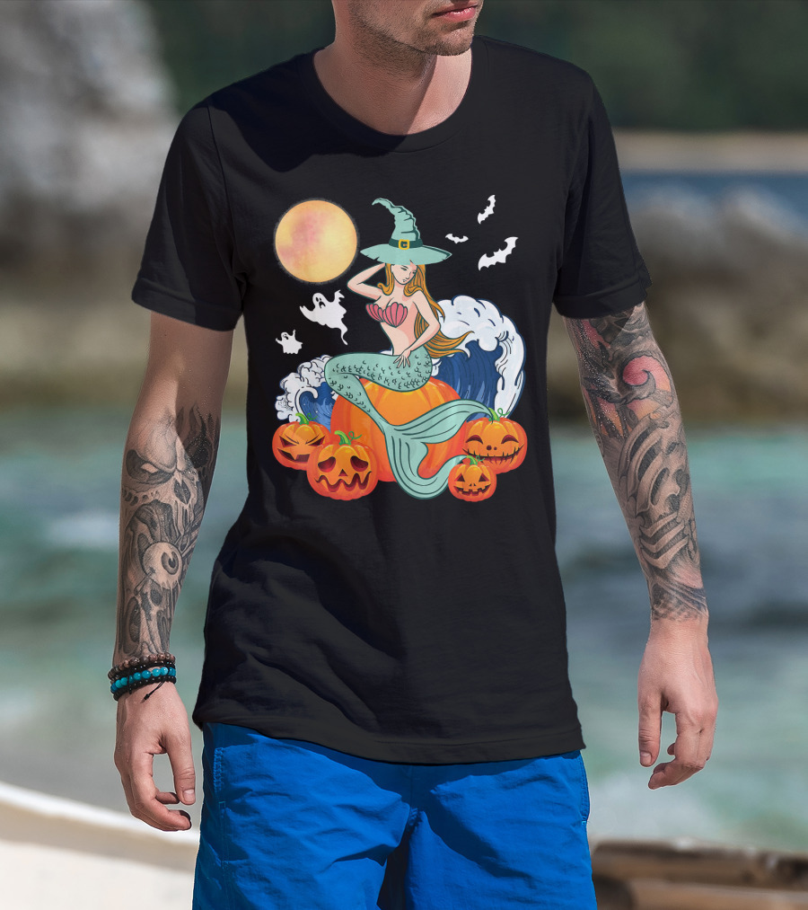 Scary Moon Pumpkin Ghosts Mermaid Witch With Jack-O'-Lanterns And Bats T-Shirt