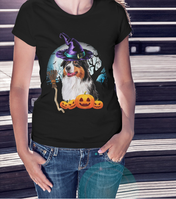 Australian Shepherd Halloween Witch Hat Dog With Pumpkins And Broomstick T-Shirt
