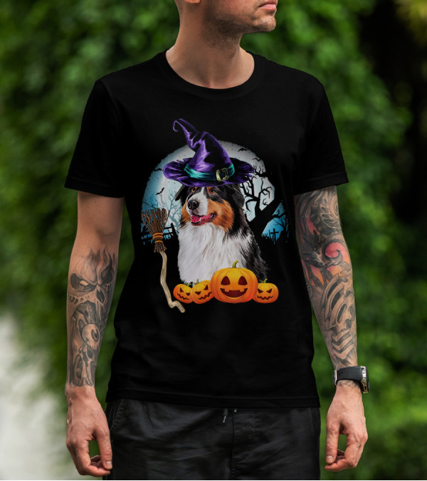Australian Shepherd Halloween Witch Hat Dog With Pumpkins And Broomstick T-Shirt