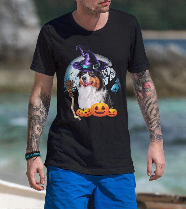 Australian Shepherd Halloween Witch Hat Dog With Pumpkins And Broomstick T-Shirt