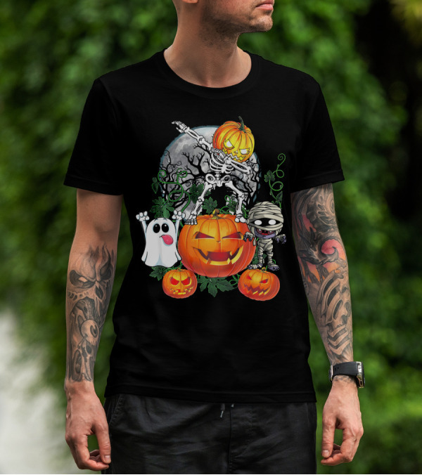Dabbing Skeleton Pumpkin Ghost Mummy Halloween Moon Scene T-Shirt