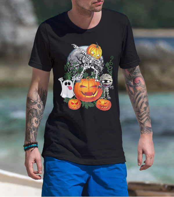 Dabbing Skeleton Pumpkin Ghost Mummy Halloween Moon Scene T-Shirt