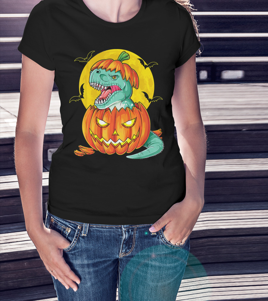 Dinosaur Pumpkin Halloween Moon Bats T-Shirt