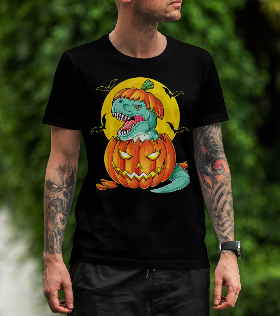 Dinosaur Pumpkin Halloween Moon Bats T-Shirt