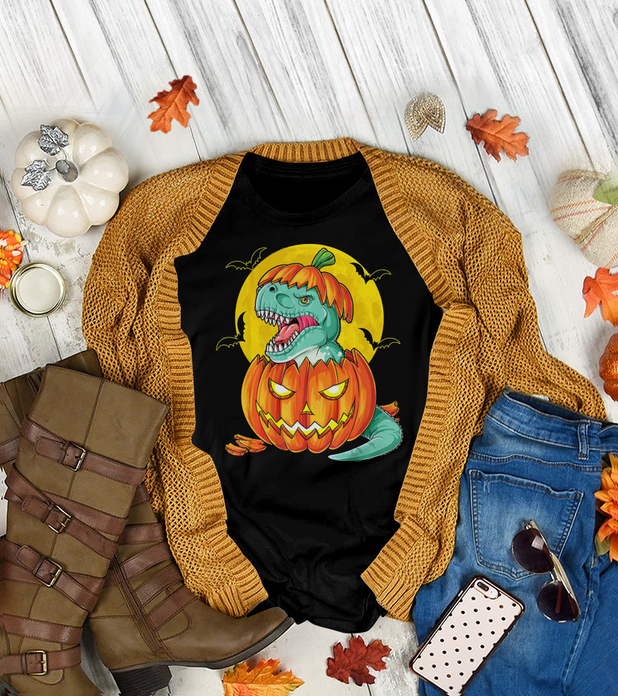 Dinosaur Pumpkin Halloween Moon Bats T-Shirt