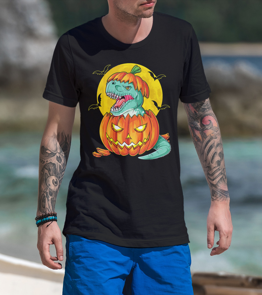Dinosaur Pumpkin Halloween Moon Bats T-Shirt