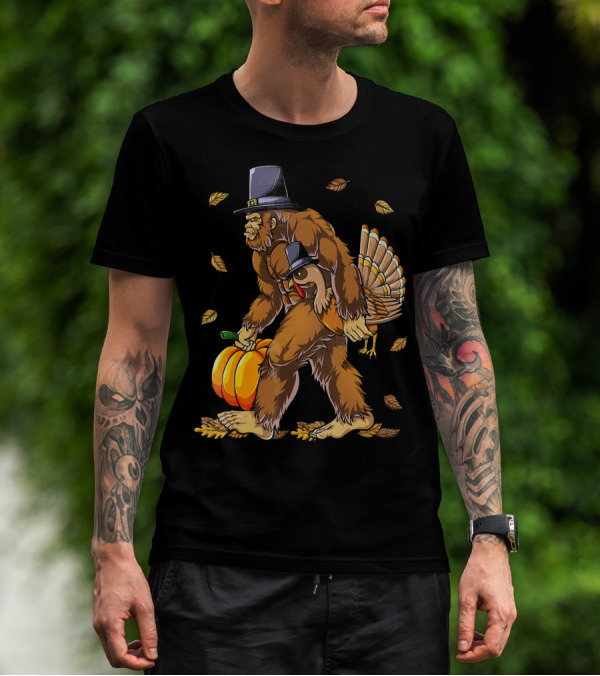 Thanksgiving Bigfoot Pilgrim Turkey Pumpkin Autumn Leaves T-Shirt