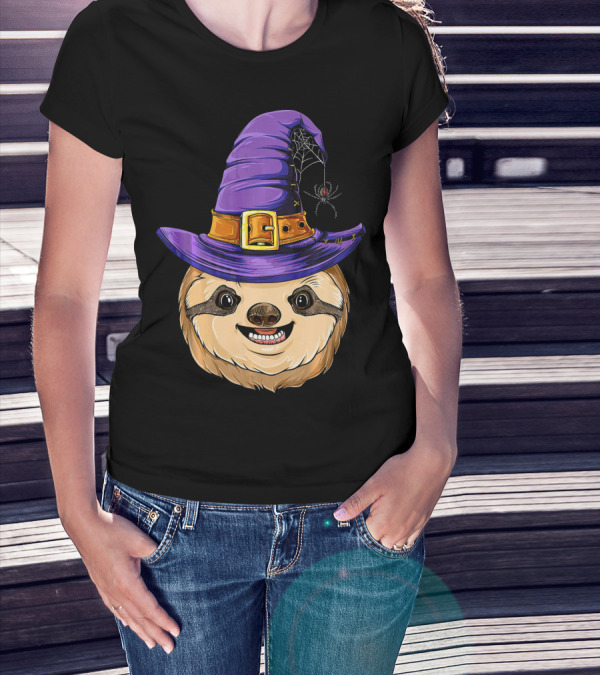 Sloth Witch Halloween Purple Hat Spider T-Shirt