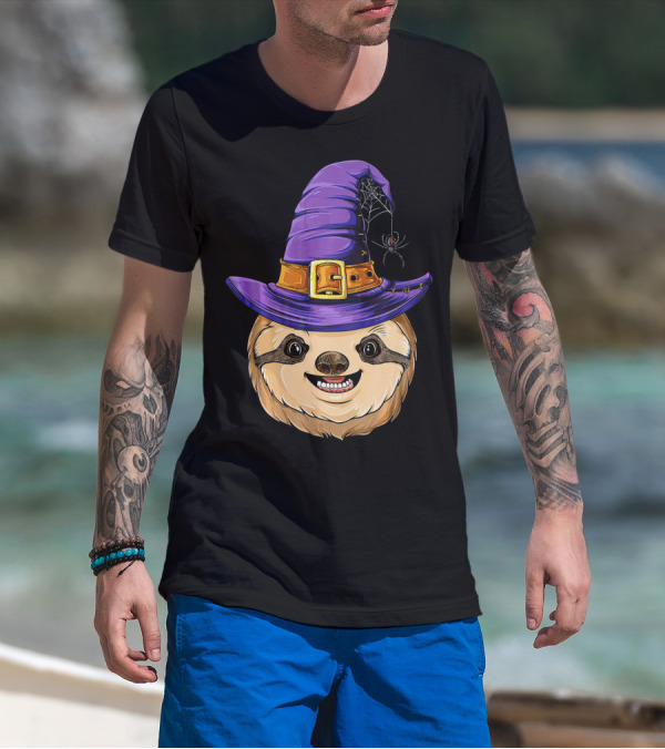 Sloth Witch Halloween Purple Hat Spider T-Shirt