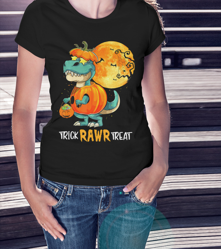 Trick RAWR Treat Rex Dinosaur Halloween Pumpkin Moon T-Shirt