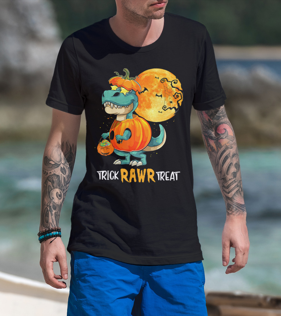 Trick RAWR Treat Rex Dinosaur Halloween Pumpkin Moon T-Shirt