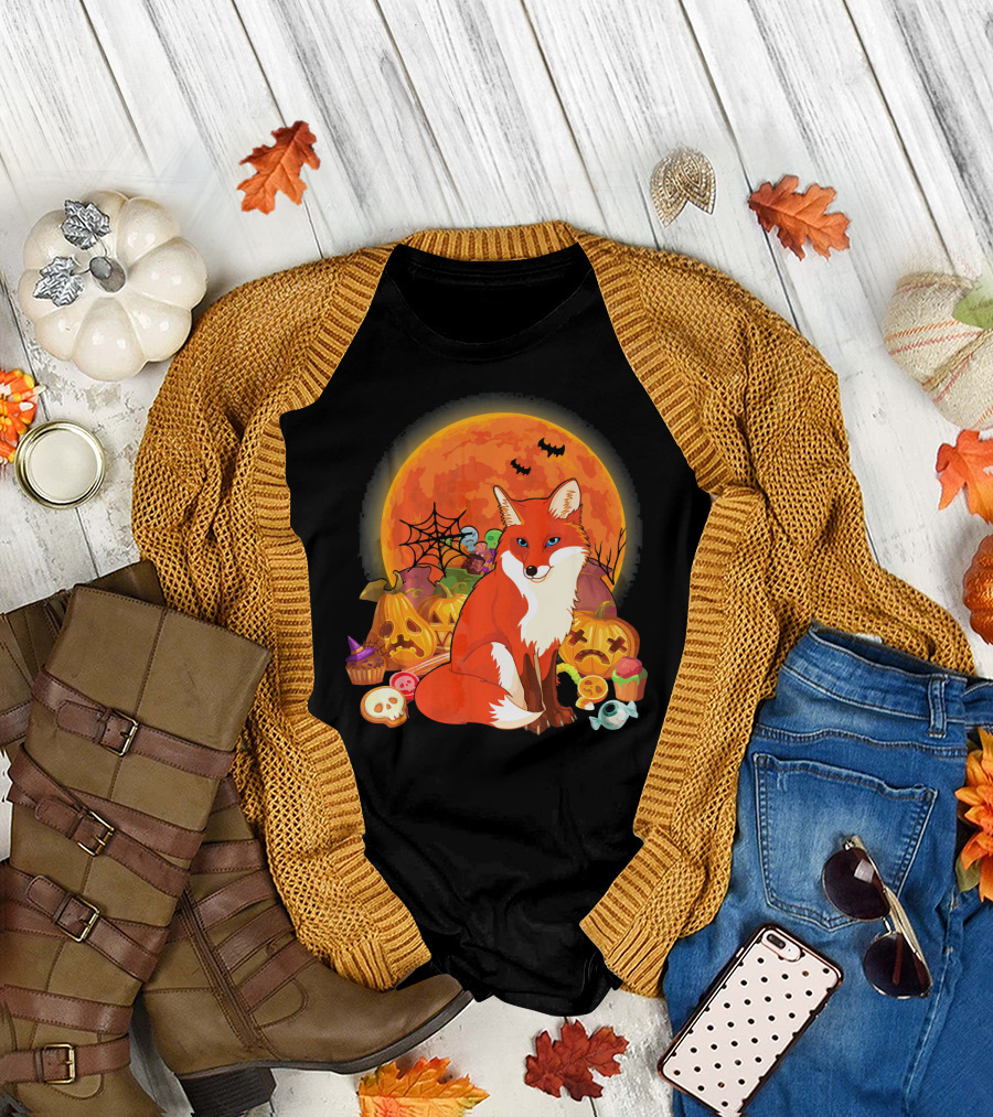 Funny Fox Halloween Full Moon Pumpkin Candy Scene T-Shirt