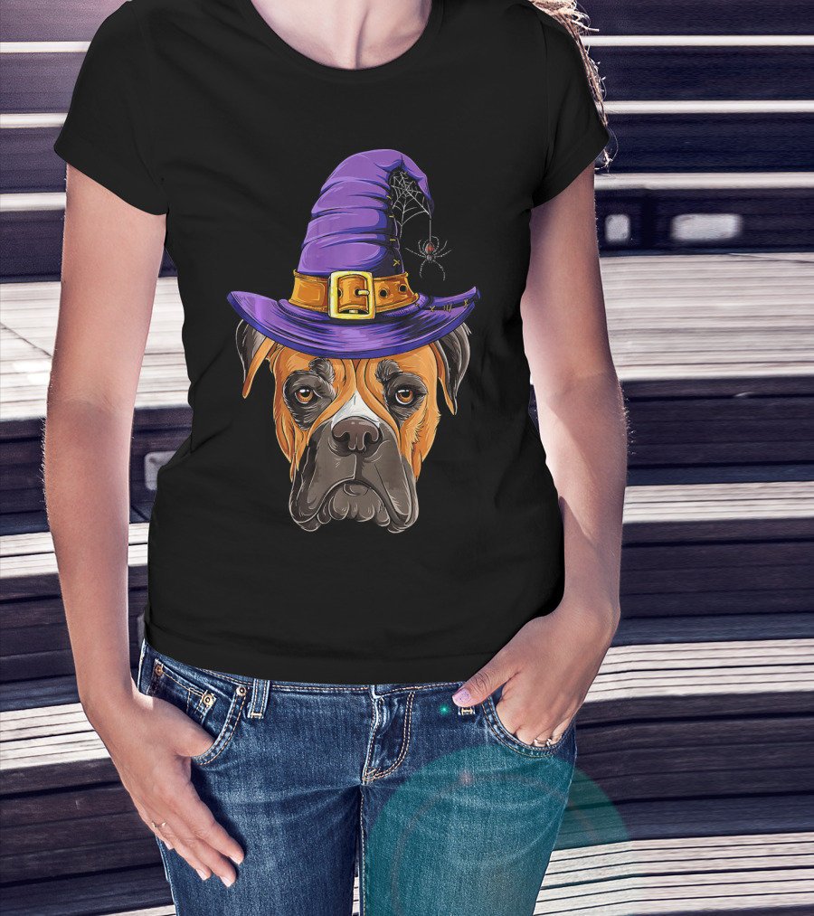 Boxer Dog Halloween Witch Hat Spider T-Shirt