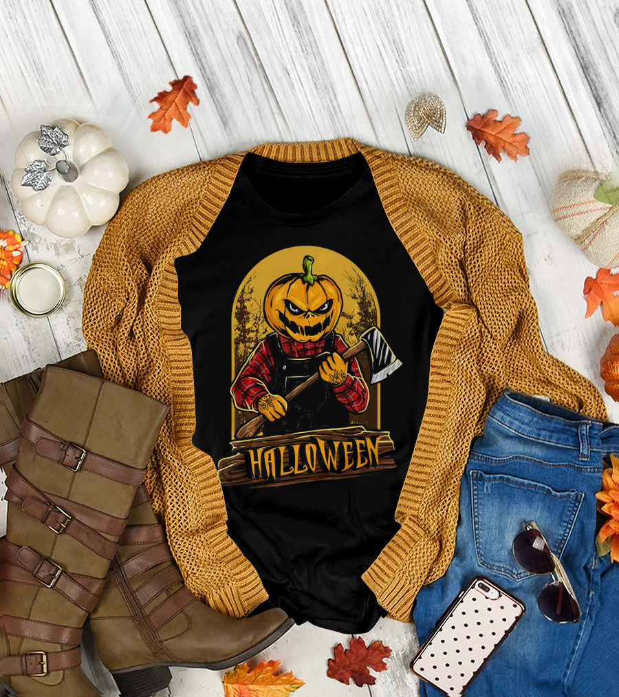 Halloween Horror Pumpkin Creepy Axe T-Shirt