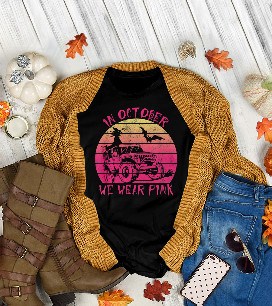 In October We Wear Pink Halloween Jeeps Witch and Bat Vintage Sunset T-Shirt