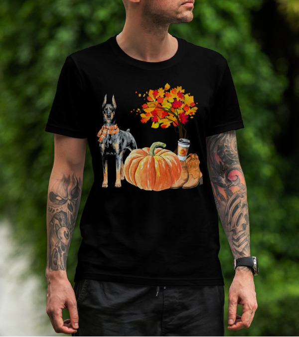 Doberman Pinscher Scarf Pumpkin Spice Autumn Boots Cozy Fall Leaves T-Shirt