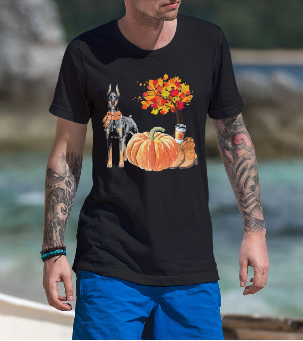 Doberman Pinscher Scarf Pumpkin Spice Autumn Boots Cozy Fall Leaves T-Shirt