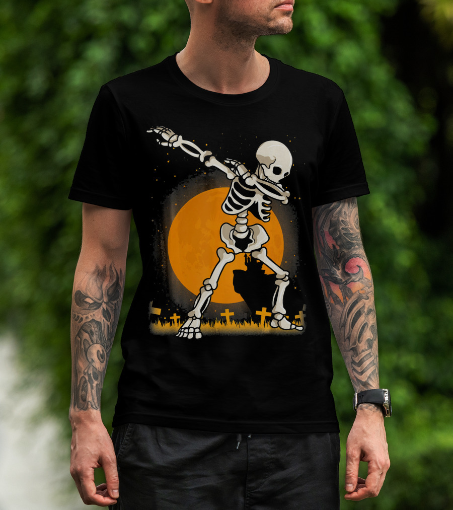 Halloween Skeleton Dabbing In Graveyard With Full Moon T-Shirt