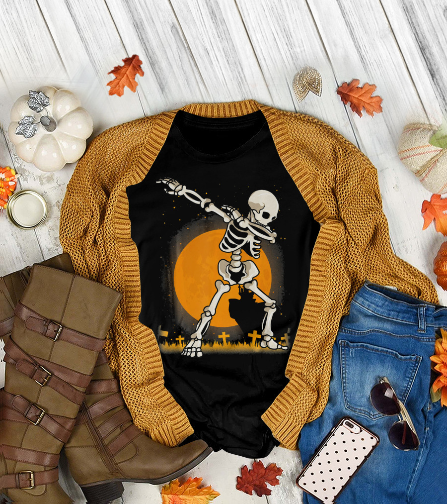 Halloween Skeleton Dabbing in Graveyard with Full Moon T-Shirt