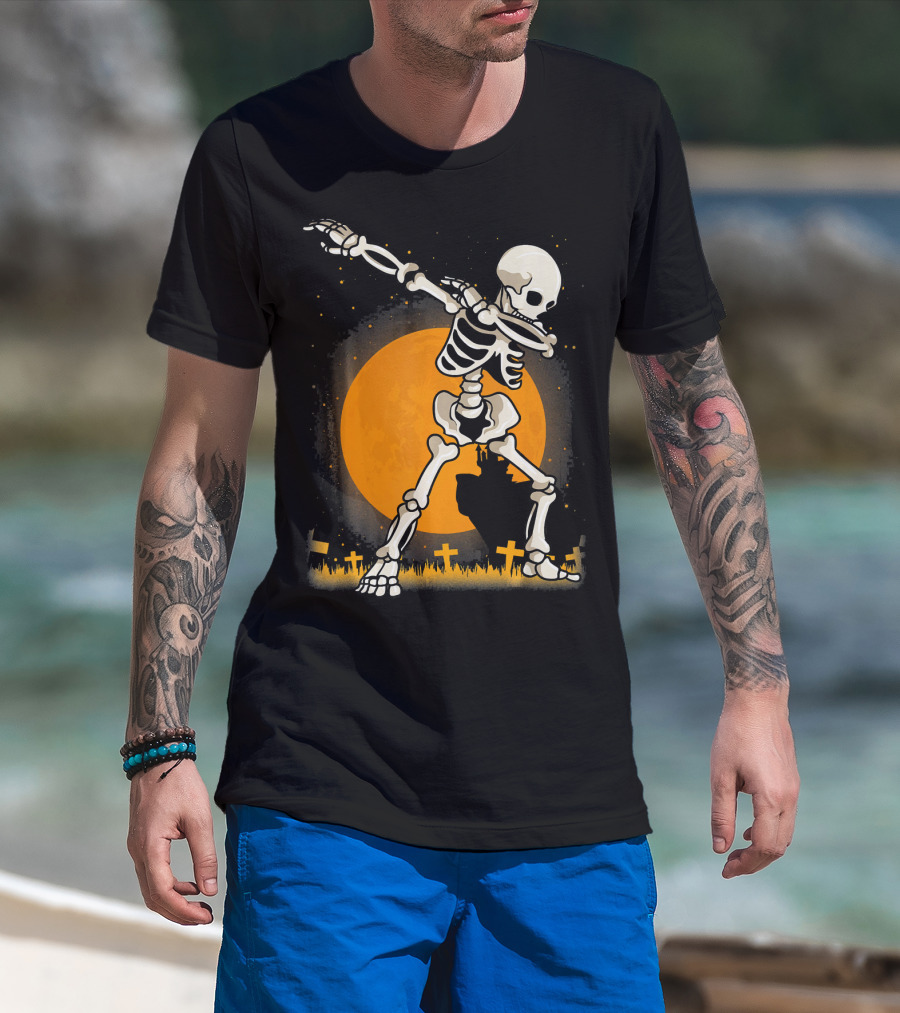Halloween Skeleton Dabbing In Graveyard With Full Moon T-Shirt