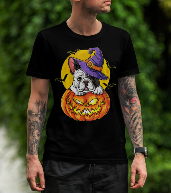 Halloween French Bulldog Witch In Pumpkin With Full Moon And Bats T-Shirt