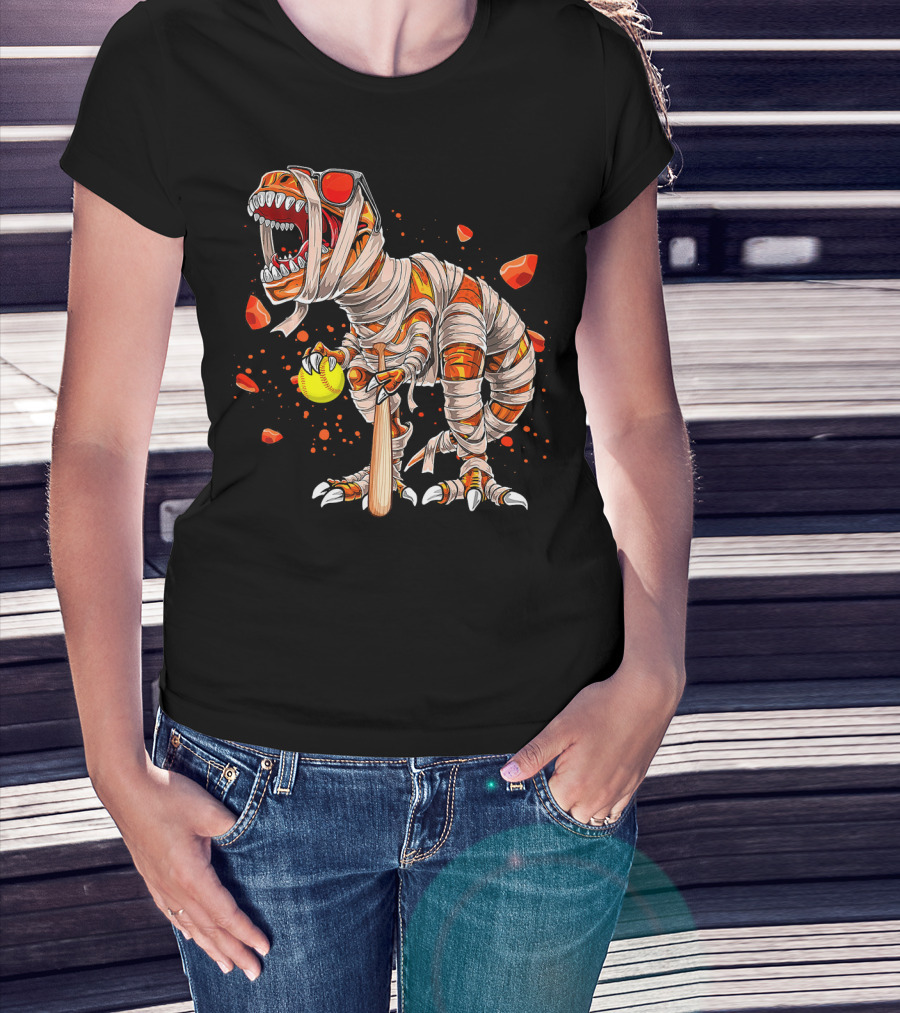 Mummy Dinosaur Playing Softball With Bat And Ball T-Shirt