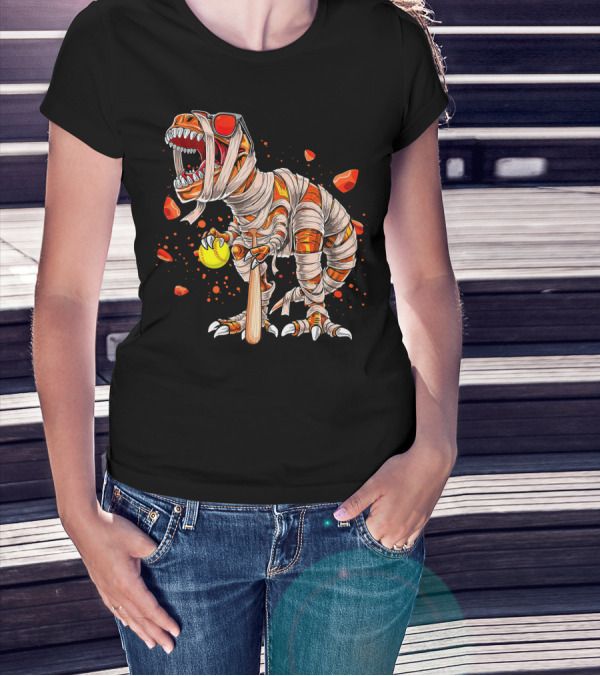 Mummy Dinosaur Playing Softball With Bat And Ball T-Shirt