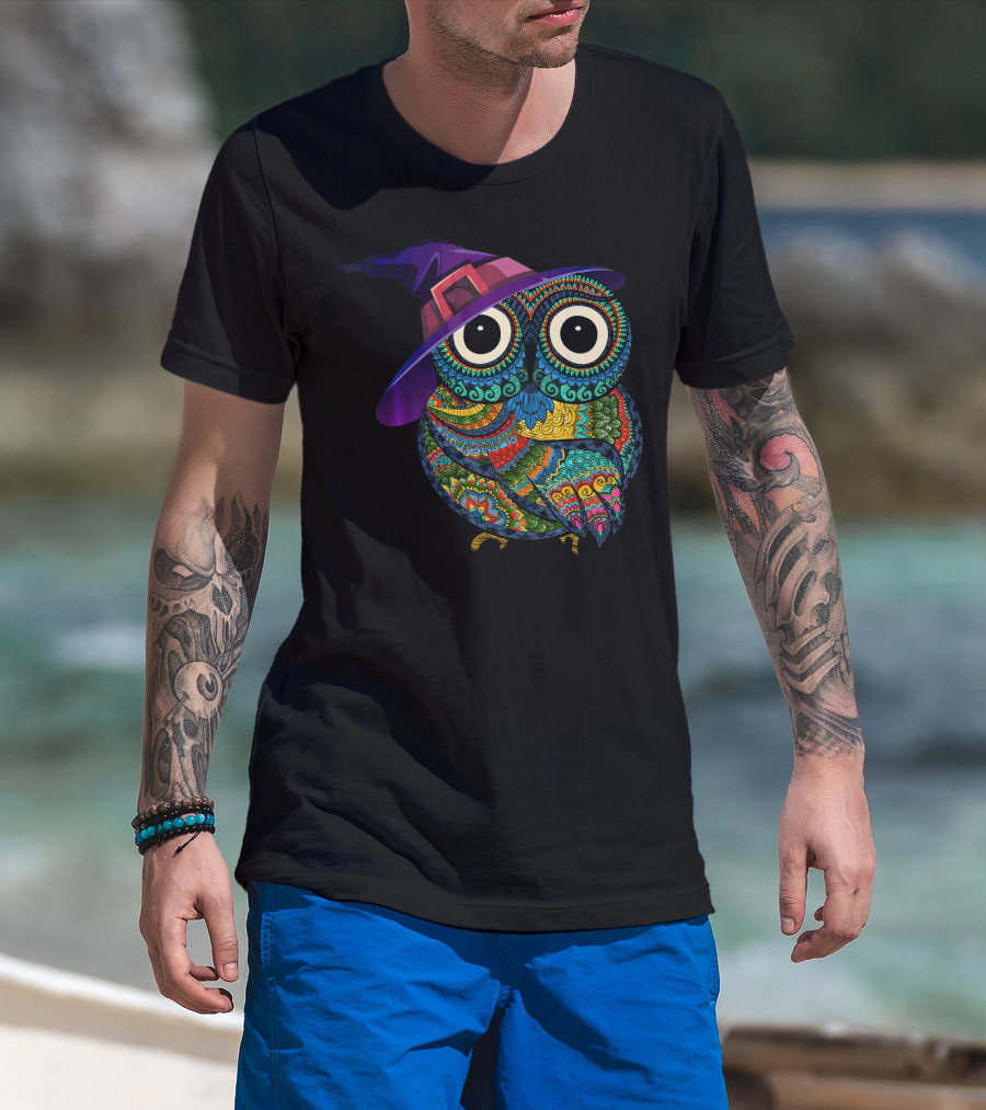 Colorful Owl With Witch Hat In Halloween Costume Fun T-Shirt