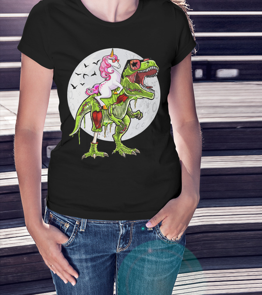 Funny Halloween Unicorn Riding Zombie Dinosaur With Bats And Full Moon T-Shirt