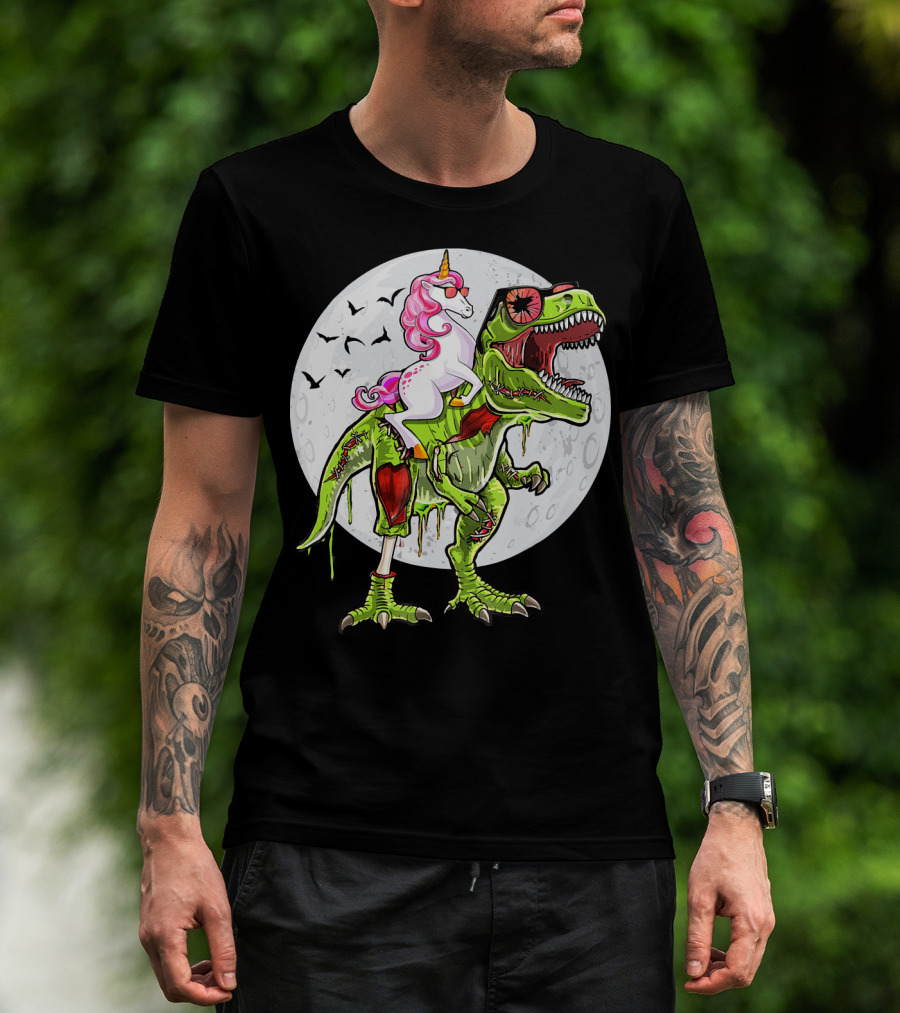Funny Halloween Unicorn Riding Zombie Dinosaur With Bats And Full Moon T-Shirt