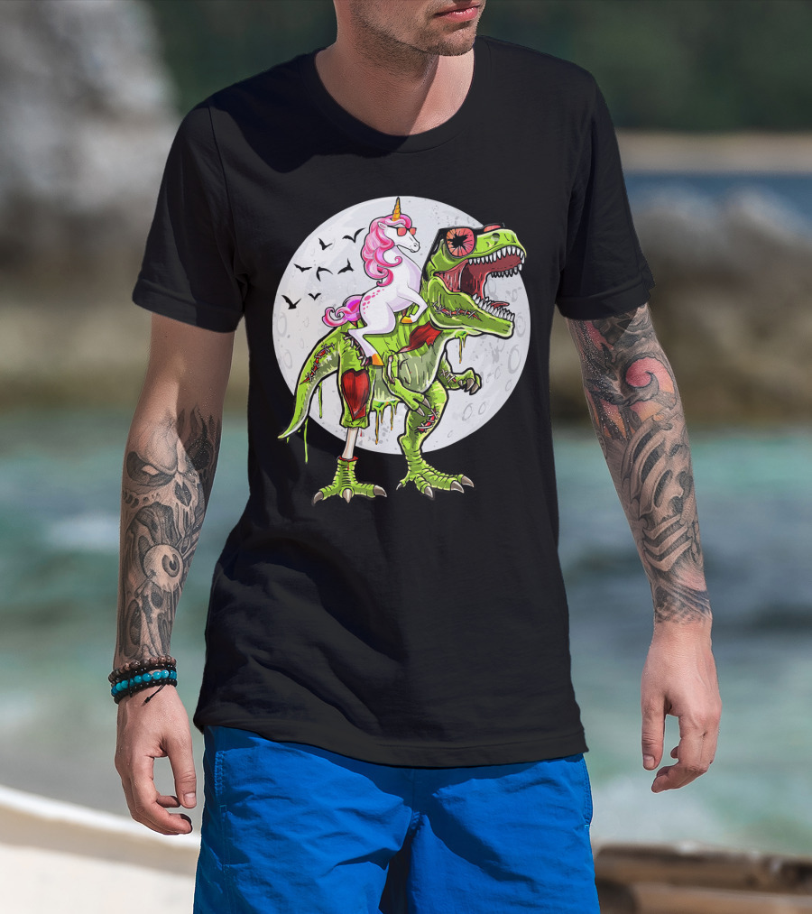 Funny Halloween Unicorn Riding Zombie Dinosaur With Bats And Full Moon T-Shirt