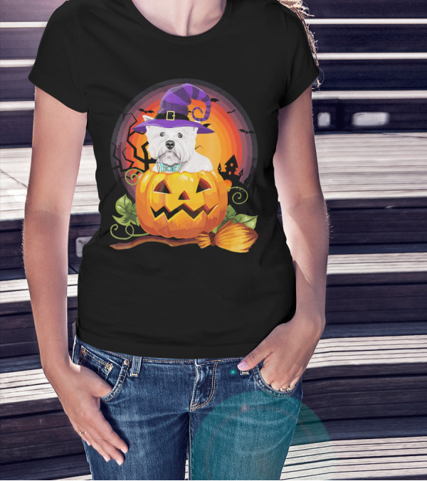 Westie Dog In Witch Hat With Jack-O'-Lantern For Halloween T-Shirt