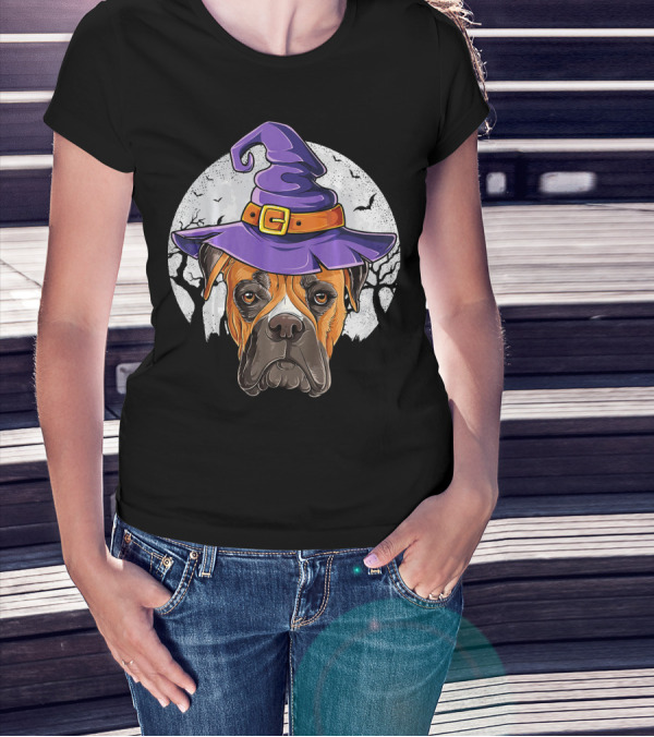 Boxer Dog Wearing Purple Witch Hat Under Full Moon With Bats Halloween T-Shirt