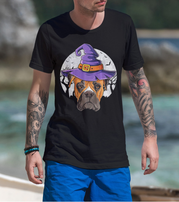 Boxer Dog Wearing Purple Witch Hat Under Full Moon With Bats Halloween T-Shirt