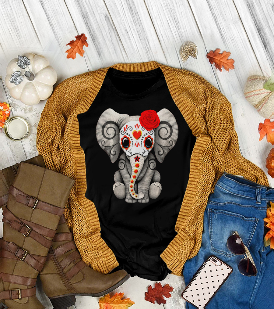 Sugar Skull Elephant with Red Rose Day of the Dead T-Shirt