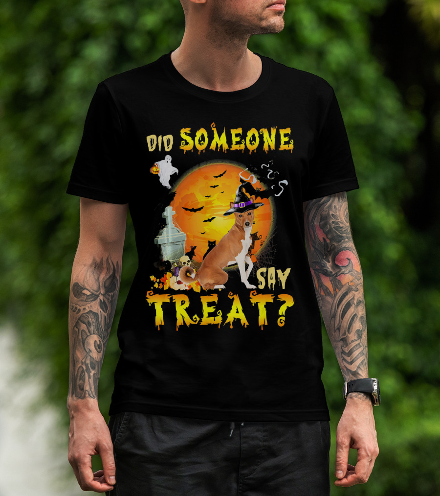 Did Someone Say Treat Basenji Halloween Moon Ghost Bats Witch Hat T-Shirt