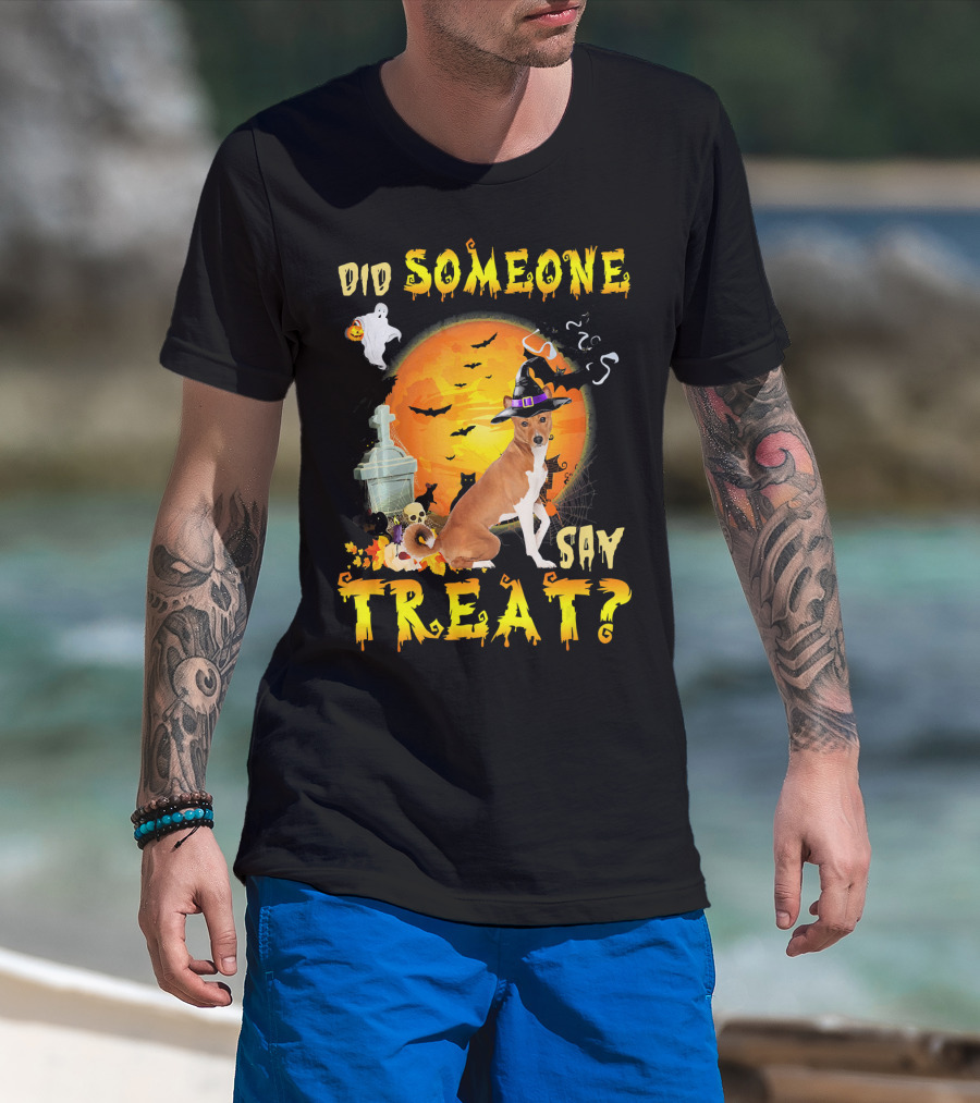 Did Someone Say Treat Basenji Halloween Moon Ghost Bats Witch Hat T-Shirt