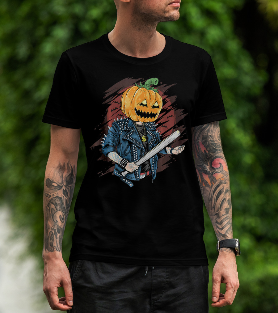 Punk Rocker Metalhead Pumpkin With Spiked Jacket And Baseball Bat T-Shirt
