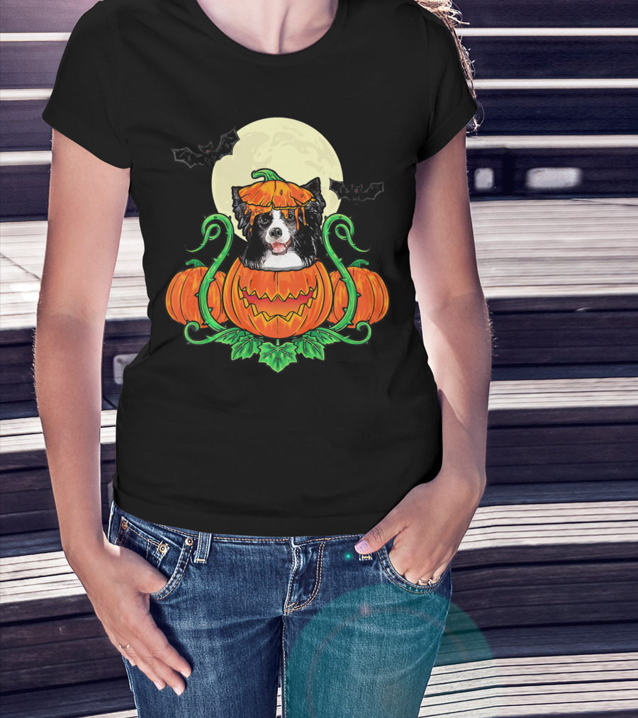 Border Collie Halloween Pumpkin Full Moon With Bats T-Shirt
