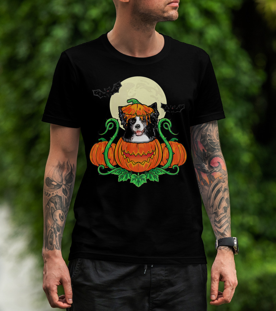 Border Collie Halloween Pumpkin Full Moon With Bats T-Shirt