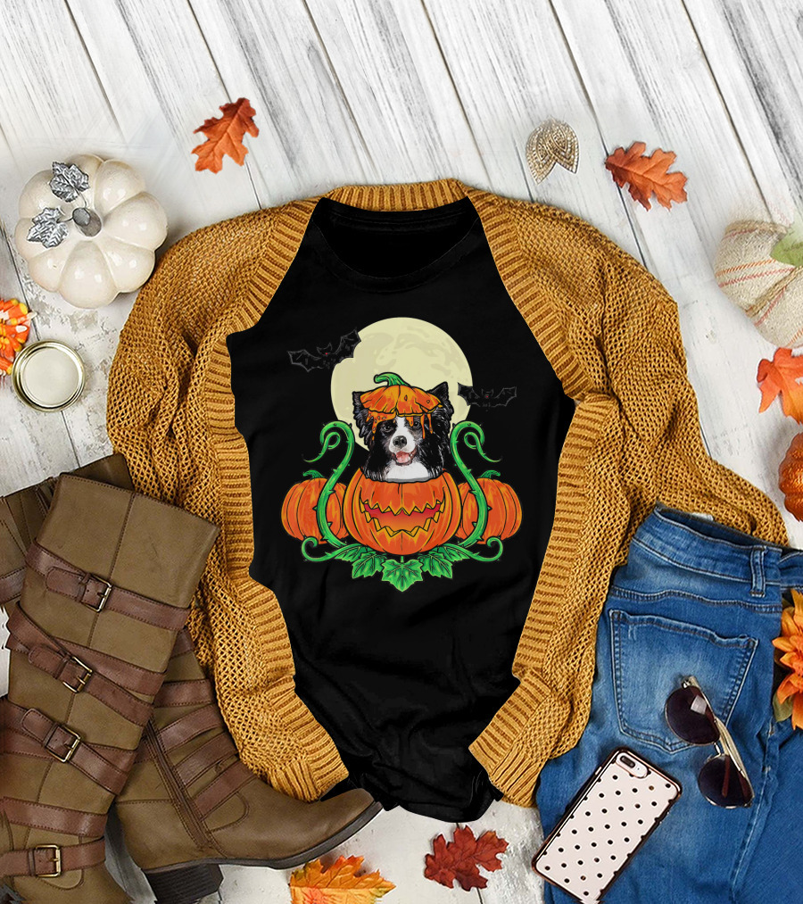 Border Collie Halloween Pumpkin Full Moon With Bats T-Shirt